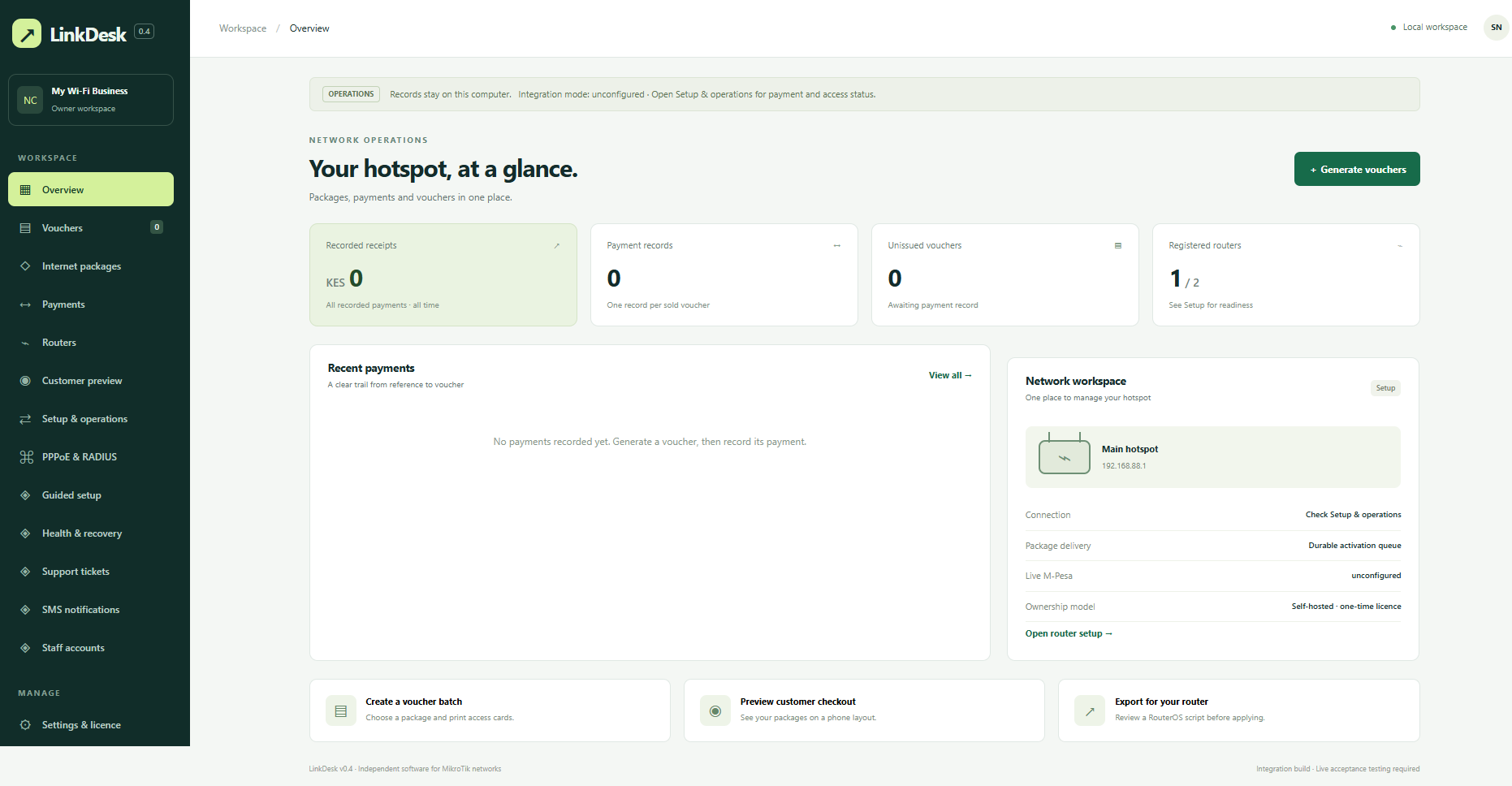 Install MikroTik billing software: LinkDesk dashboard with payments, vouchers, routers and settings.