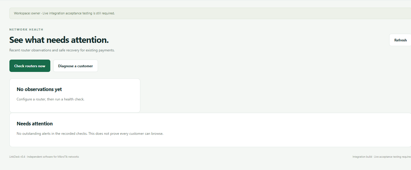 LinkDesk Health and recovery screen with Check routers now and Diagnose a customer actions.