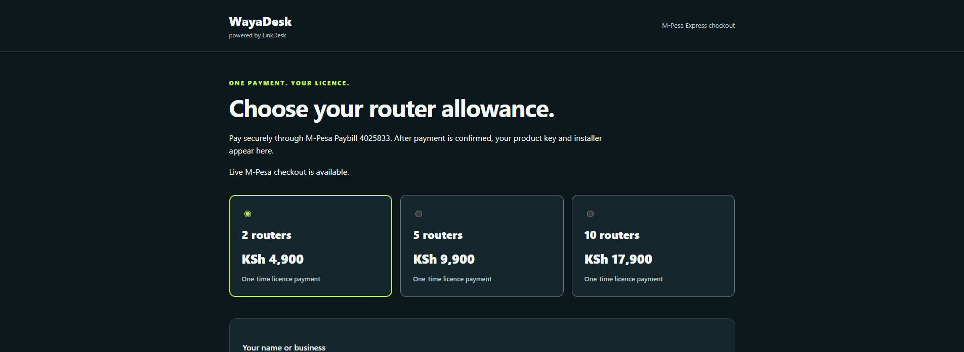 WayaDesk software licence checkout showing 2, 5 and 10-router plans and M-Pesa payment fields.