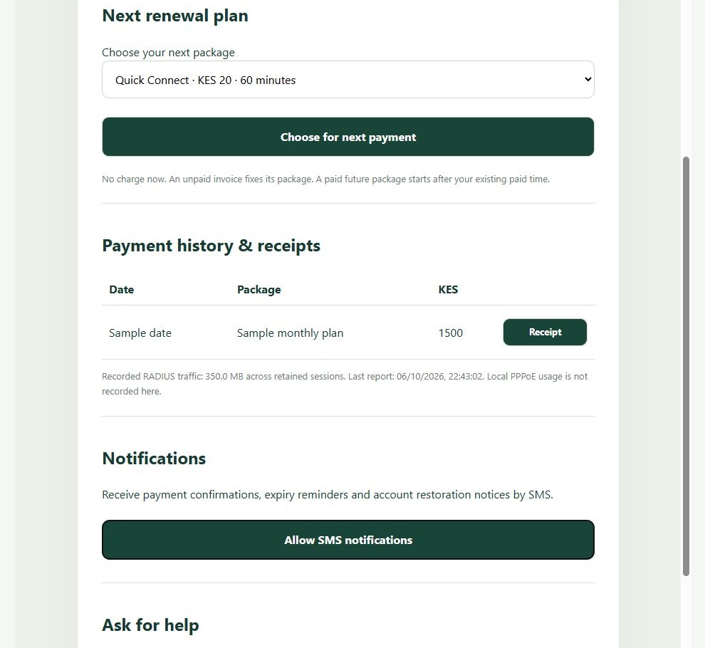 LinkDesk Customer account history and notifications — sample feature-tour interface