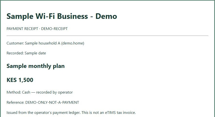 LinkDesk Sample customer payment receipt — sample feature-tour interface