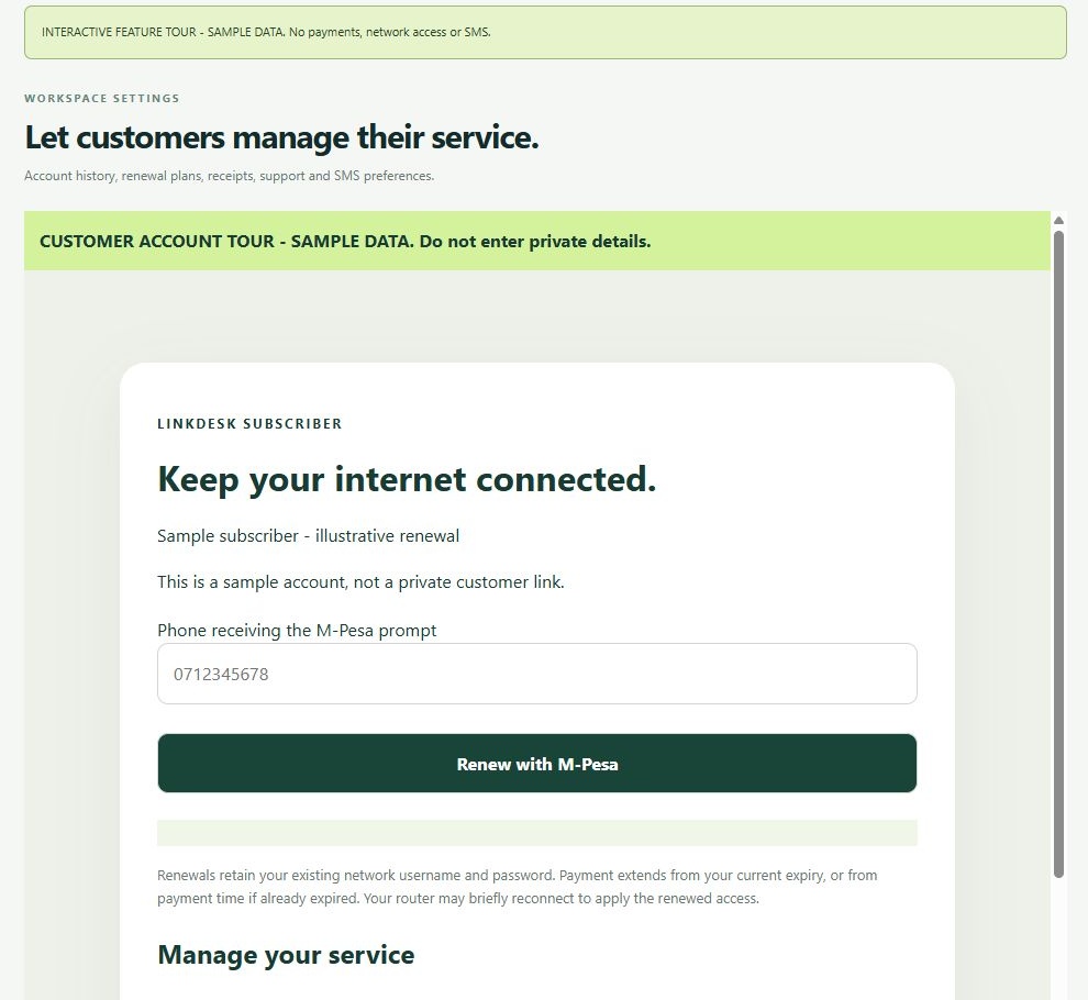 LinkDesk Let customers manage their service. — sample feature-tour interface