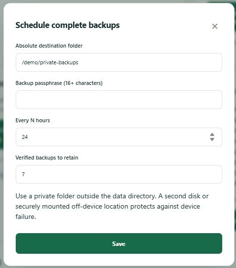 LinkDesk Schedule complete backups — sample feature-tour interface