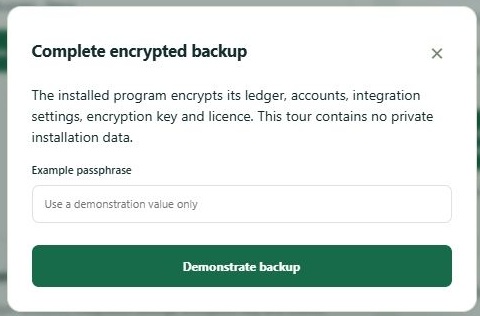 LinkDesk Complete encrypted backup — sample feature-tour interface