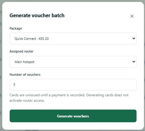 LinkDesk Generate voucher batch — sample feature-tour interface
