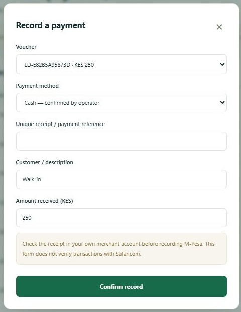LinkDesk Record a payment — sample feature-tour interface