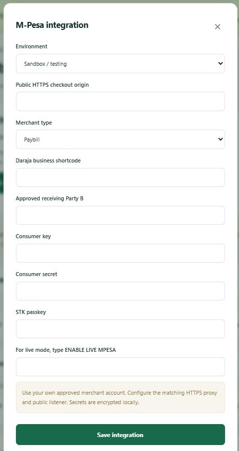 LinkDesk M-Pesa integration — sample feature-tour interface