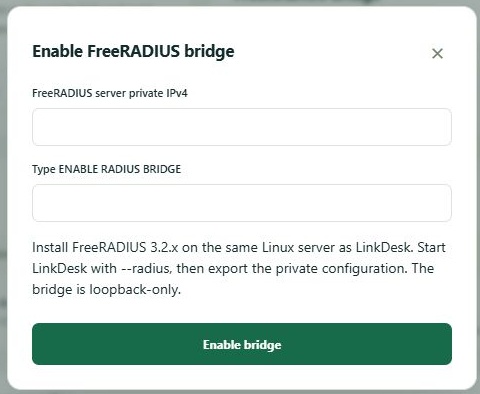 LinkDesk Enable FreeRADIUS bridge — sample feature-tour interface