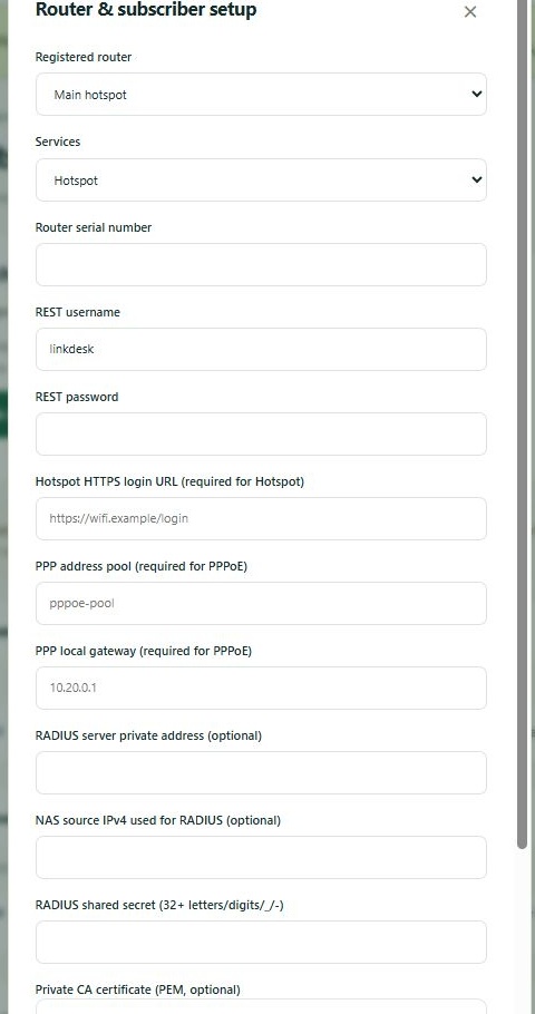 LinkDesk Router & subscriber setup — sample feature-tour interface
