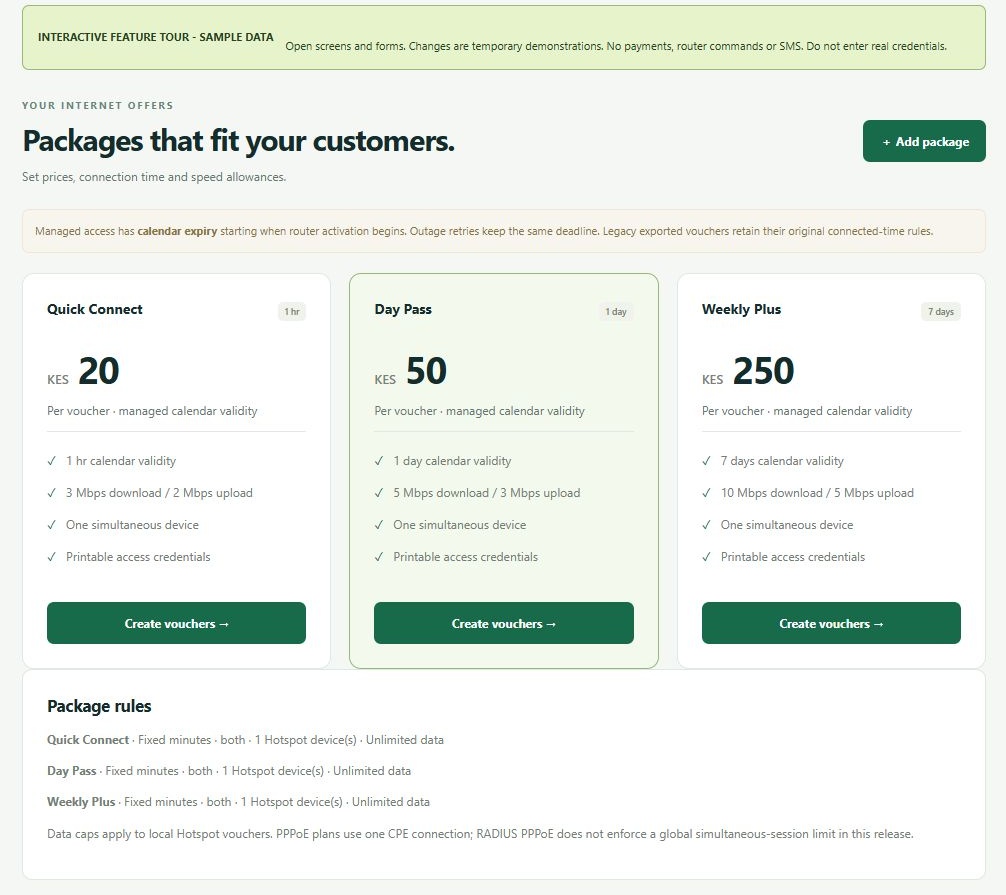 LinkDesk Packages that fit your customers. — sample feature-tour interface
