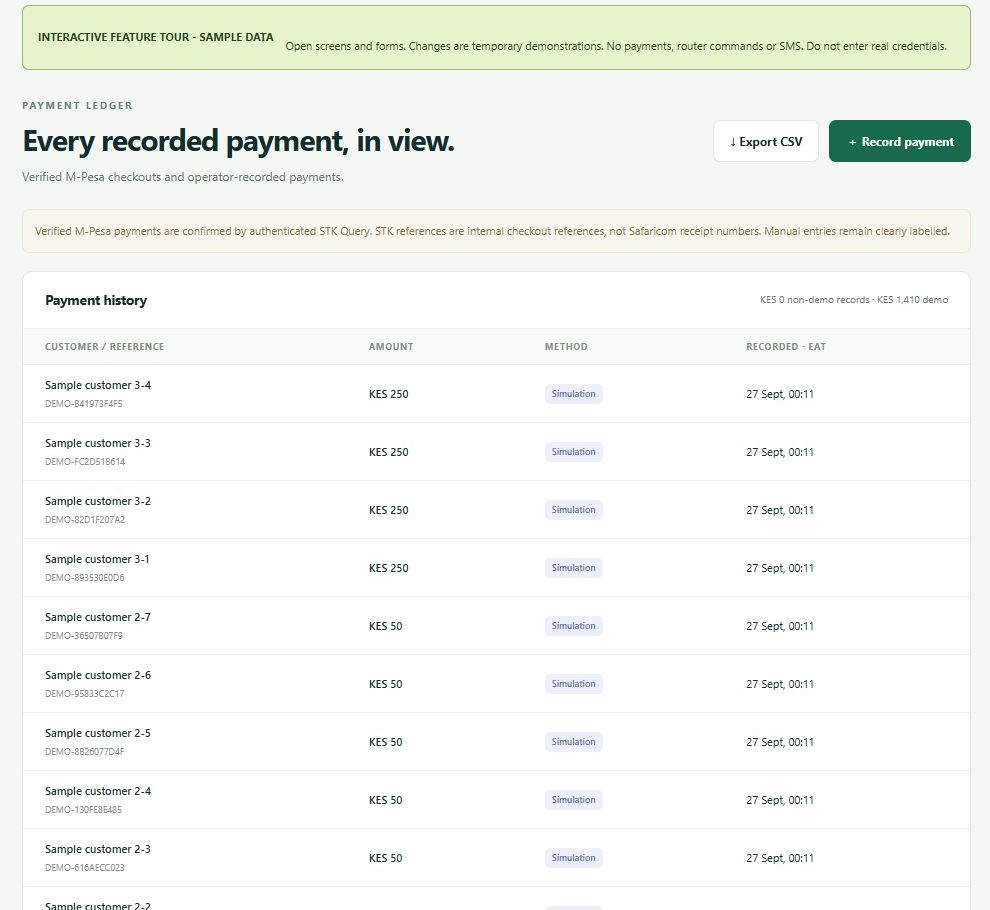 LinkDesk Every recorded payment, in view. — sample feature-tour interface