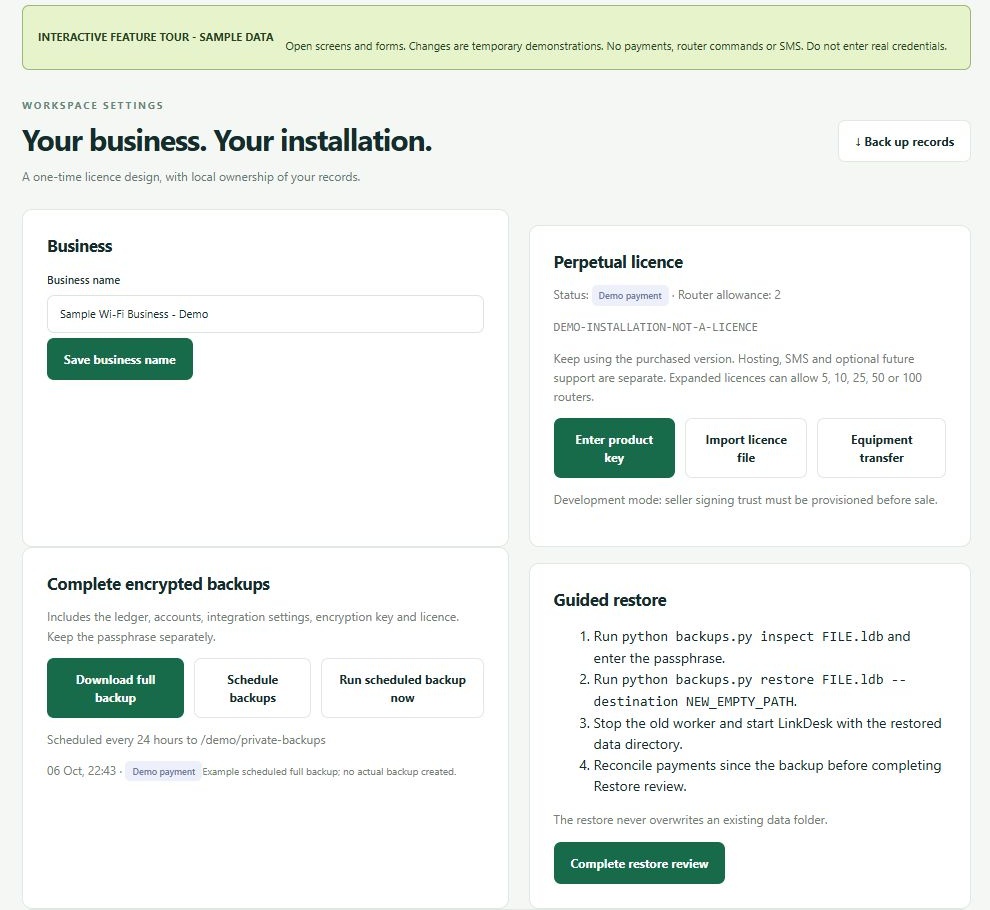 LinkDesk Your business. Your installation. — sample feature-tour interface
