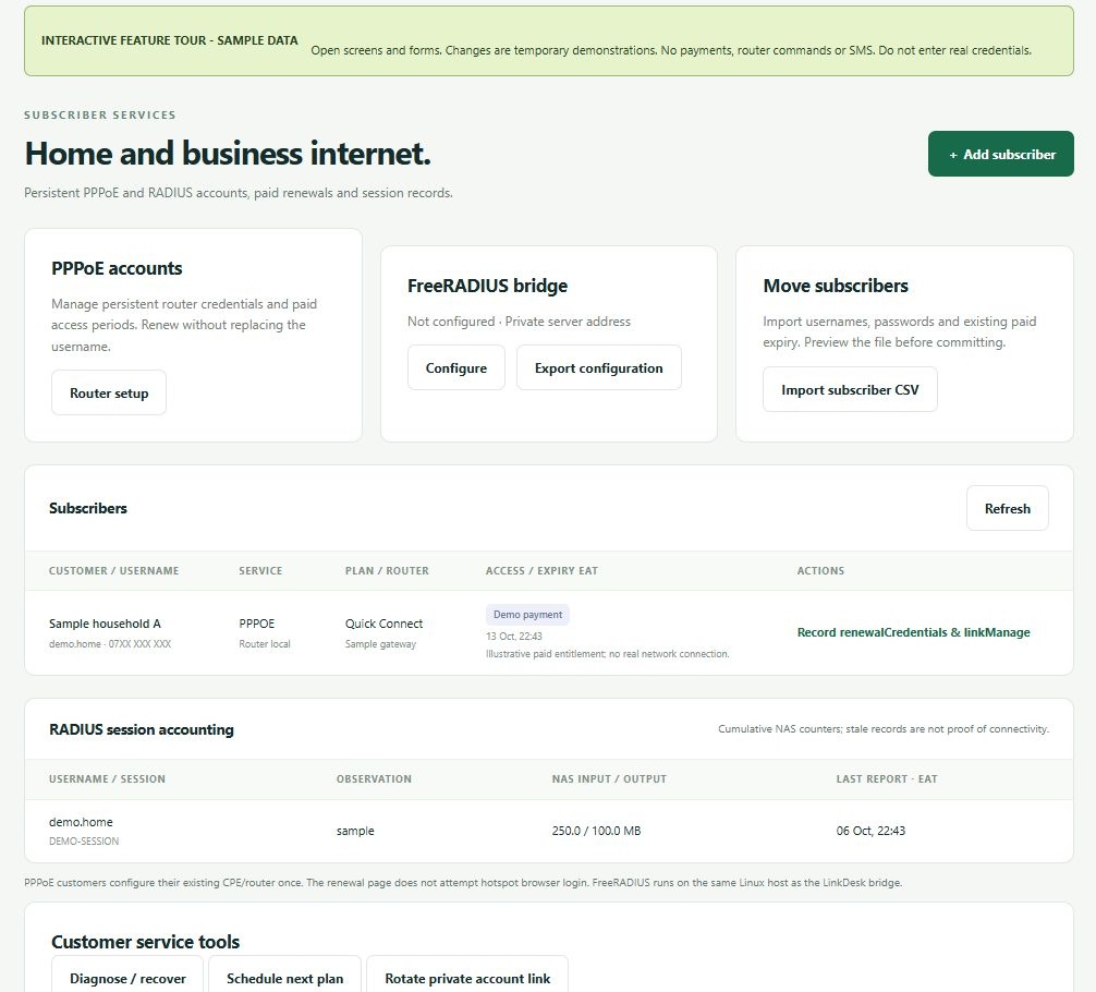 LinkDesk Home and business internet. — sample feature-tour interface