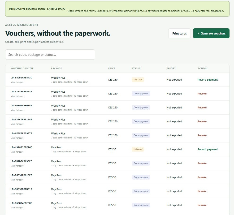 LinkDesk Vouchers, without the paperwork. — sample feature-tour interface